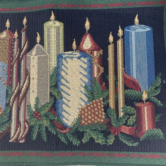 Christmas Candle Tapestry Table Runner & 10 Placemats Jewel Tones Metallic - Picture 4 of 10